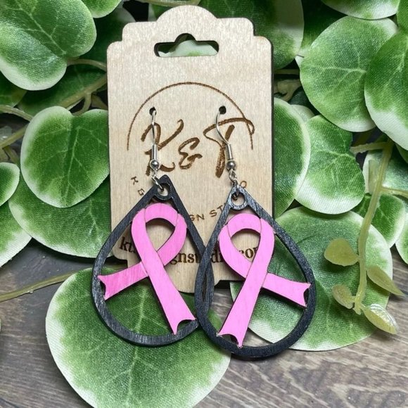 Breast Cancer Pink Ribbon Dangle Earrings | Gift for Loving Women | Pink - Picture 1 of 3